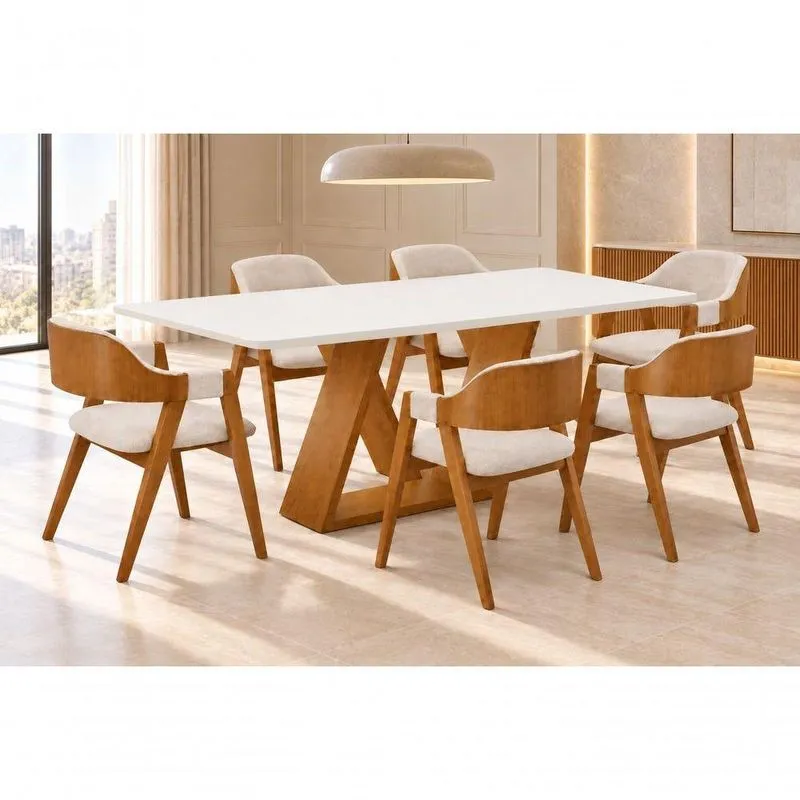 Conjunto De Jantar Europa 6 Lugares Mesa Zeus Tampo Mdf Cadeiras Dália Estofadas Linho Cru 220cm