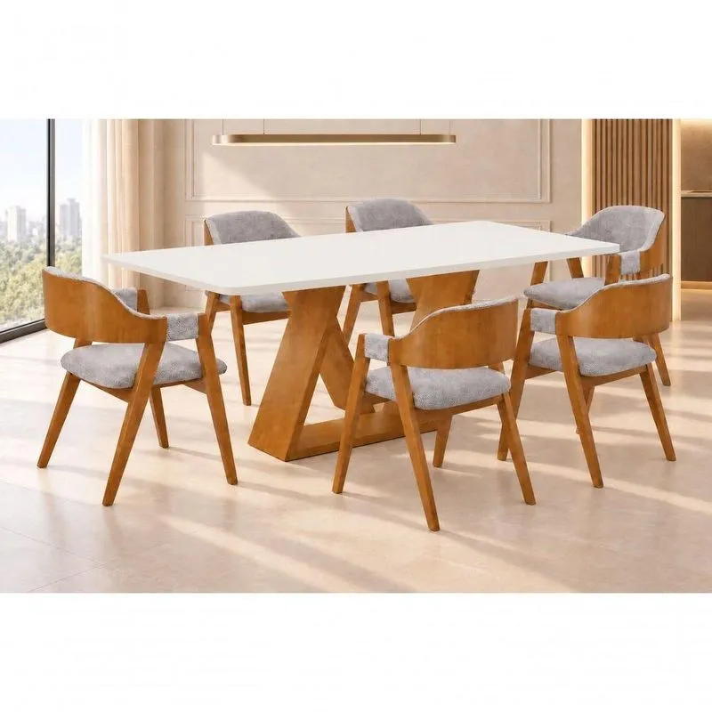 Conjunto De Jantar Europa 6 Lugares Mesa Zeus Com Tampo Em Mdf E Cadeiras Dália Estofadas Linho