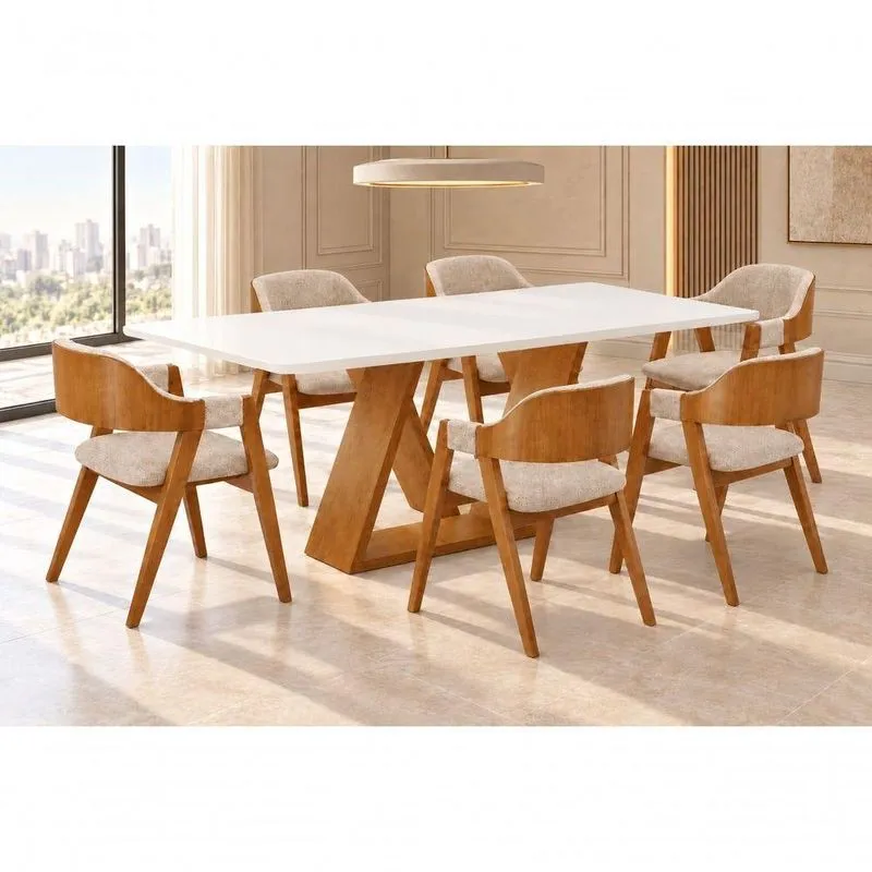 Conjunto De Jantar Europa 6 Lugares Mesa Zeus Com Tampo Em Mdf E Cadeiras Dália Estofadas Bege 220cm