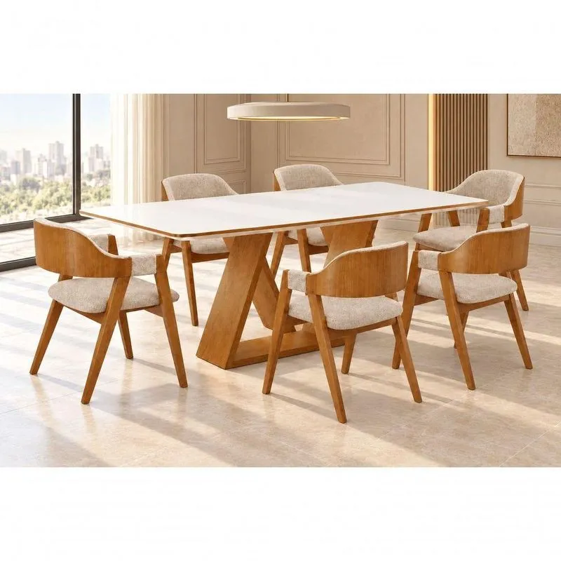 Conjunto De Jantar Europa 6 Lugares Tampo Em Mdf Com Cadeiras Estofadas Bege
