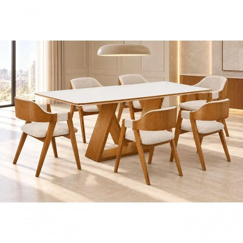 Conjunto De Jantar Europa 6 Lugares Tampo Em Mdf Com Cadeiras Estofadas 180cm Imperial Móveis
