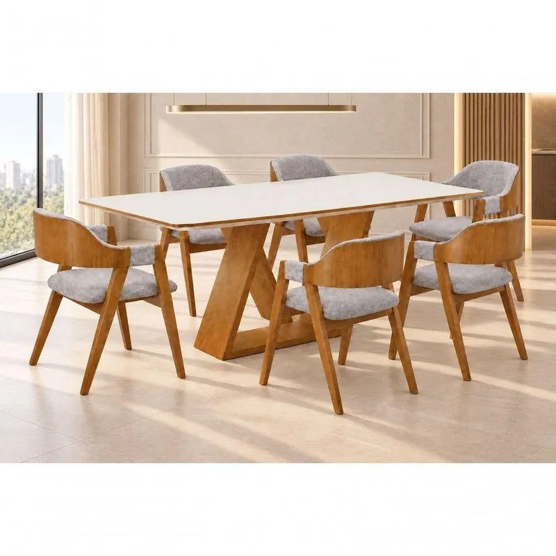 Conjunto De Jantar Europa 6 Lugares Tampo Em MDF Com Cadeiras Estofadas Bege 180cm