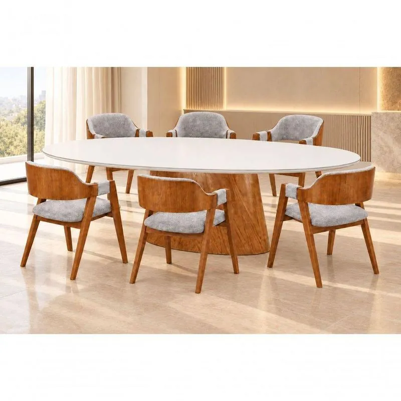 Conjunto De Jantar Malva 6 Lugares Tampo Em Mdf Com Cadeiras Estofadas Bege 220cm Imperial Móveis