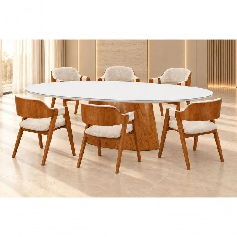 Conjunto De Jantar Malva 6 Lugares Tampo Em MDF Com Estofado Linho Cru 200cm Imperial Móveis