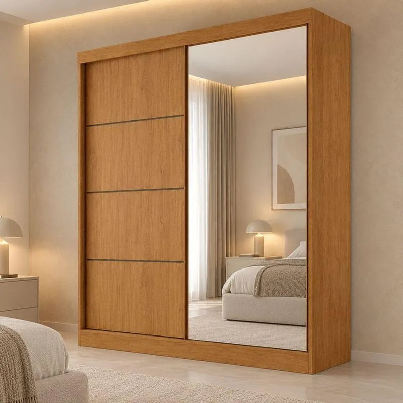 Guarda Roupa Casal Prado 2 Portas de Correr 3 Gavetas MDF com Espelho Laqueado Marrom