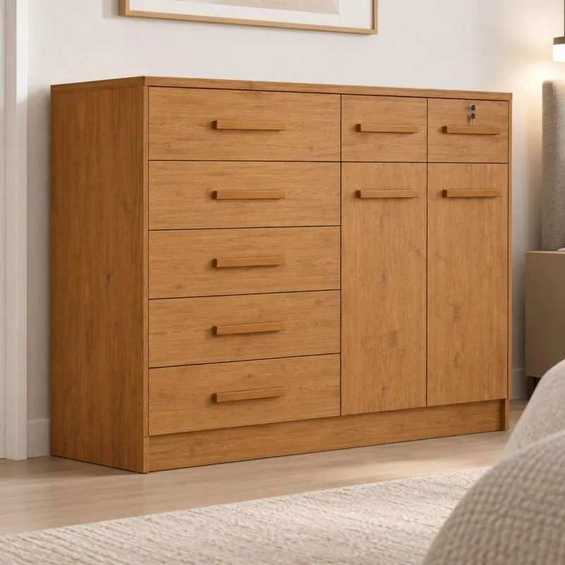 Cômoda Olinda 7 Gavetas MDF Puxador Marrom 2 Portas Bianco Móveis