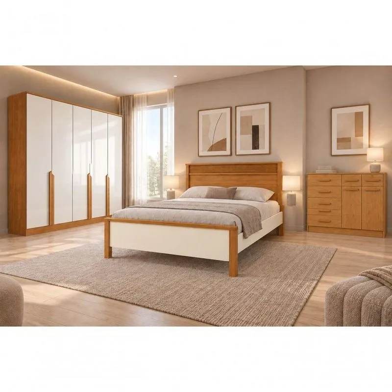Dormitório Casal Completo Búzios 1 Porta 7 Gavetas MDF Naturale Off White E Cinamomo