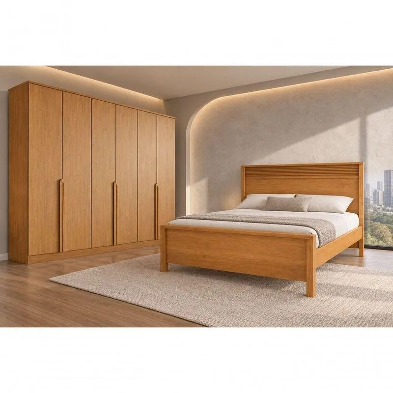Dormitório Casal Cama Berlim Roupeiro Búzios Com 6 Gavetas Mdf Laqueado Cinamomo Bianco Móveis