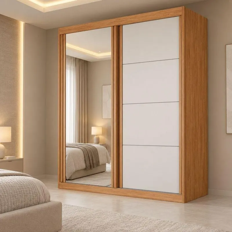 Guarda Roupa Casal Manaus 2 Portas De Correr 2 Gavetas MDF Com Espelho
