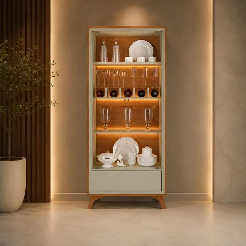 Cristaleira Vidra 2 Portas 4 Prateleiras MDF com LED e Adega para 5 Garrafas Off White