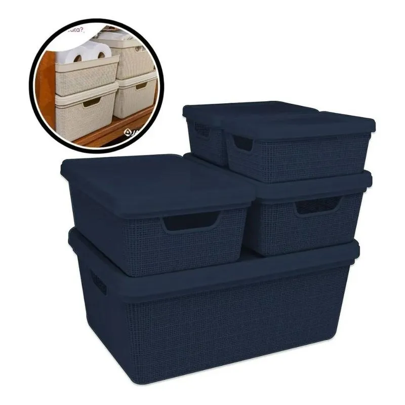 Kit 5 Caixas Organizadoras Juta Cesto 3 Tam - Azul-marinho