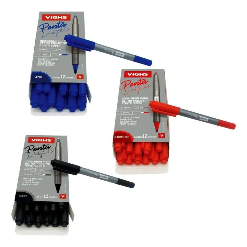 3x 12 Caneta Retro Projetor Marcador Ponta Dupla 2.0 0.4 Vig