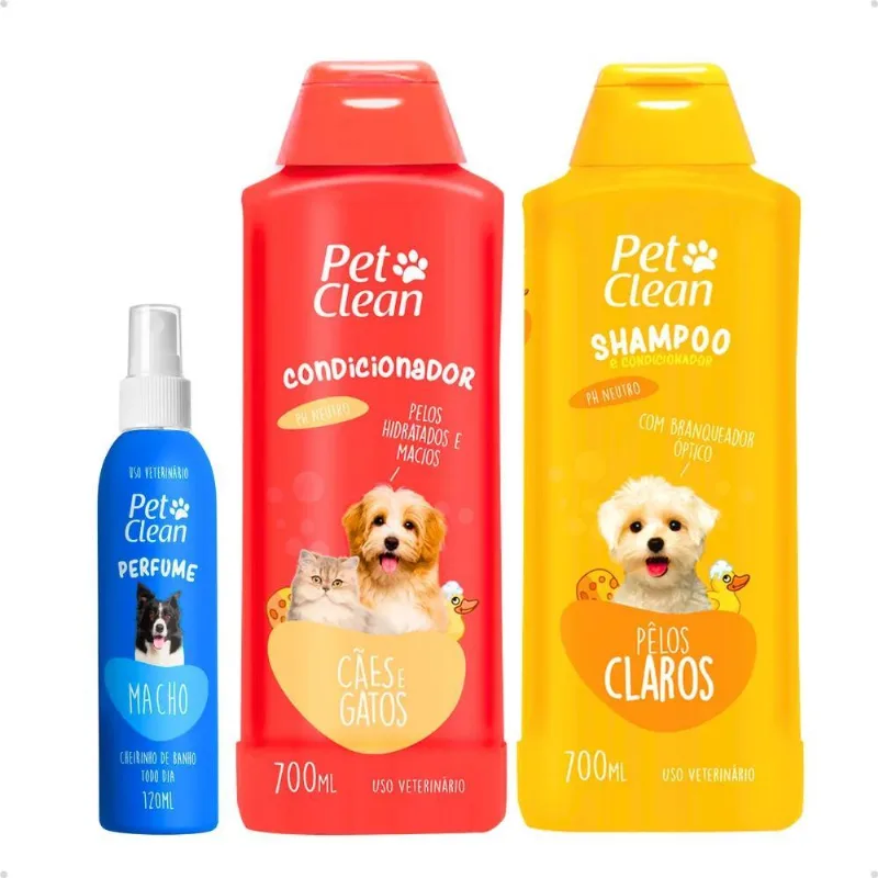 3x Kit Shampoo Pelos Claros + Condicionador + Perfume Pet Cl
