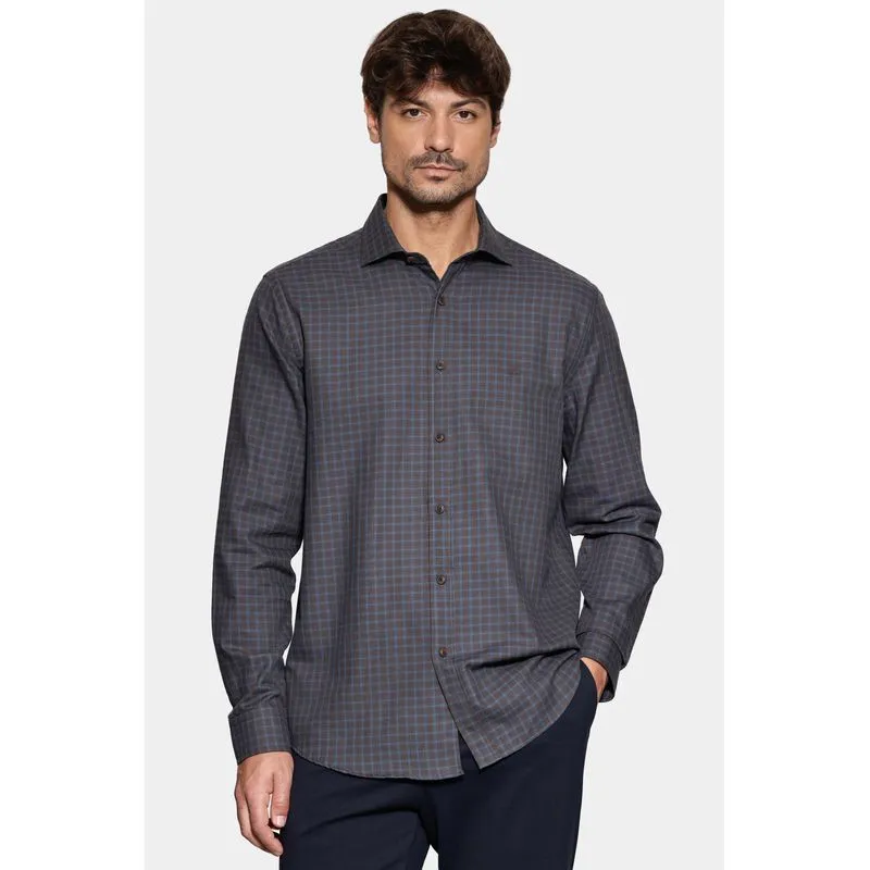 Camisa Regular Mini Xadrez Marinho Com Cafe - M