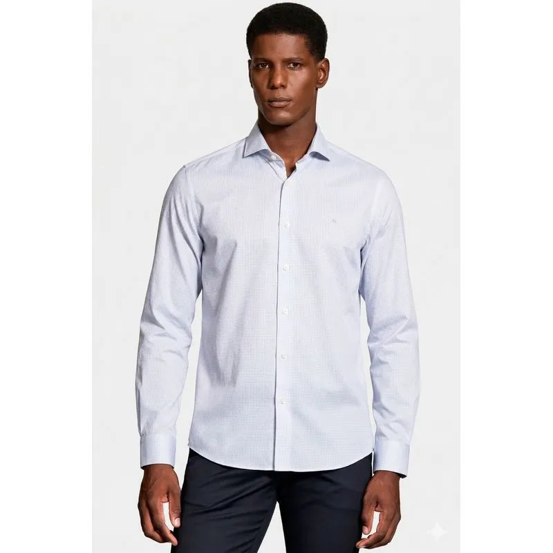 Camisa Manga Longa Slim Maquineta Pontilhada Branco Com Azul Medio - XGG