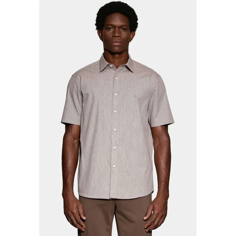 Camisa Manga Curta Regular Micro Xadrez Off White Com Café - GG