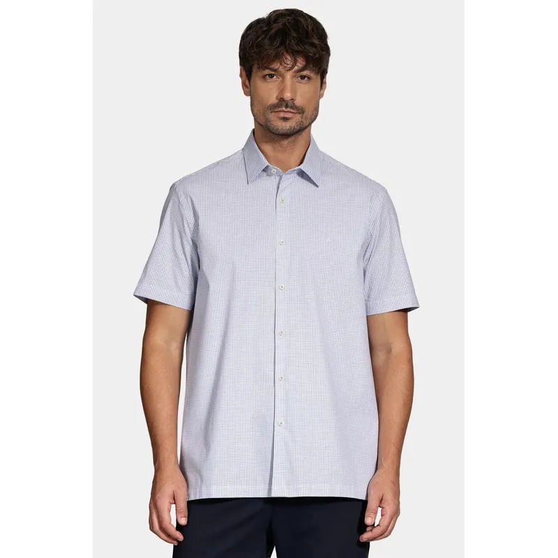 Camisa Manga Curta Regular Micro Xadrez Stretch Branco Com Azul Medio - XGG