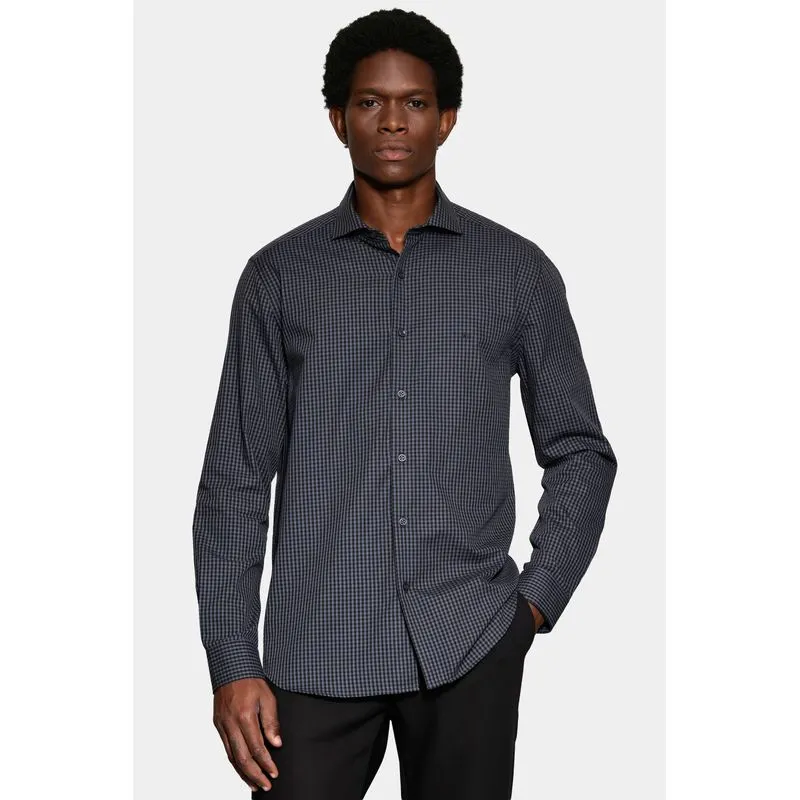 Camisa Manga Longa Slim Mini Xadrez Damero Azul Medio Com Preto - P