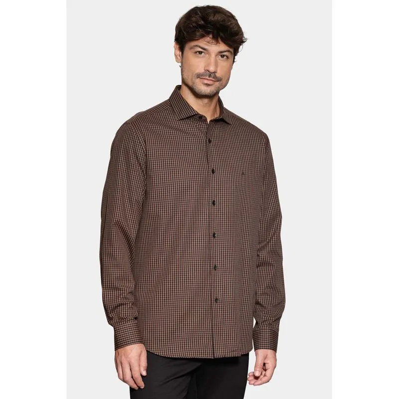 Camisa Manga Longa Slim Mini Xadrez Damero Chocolate Com Preto - GG