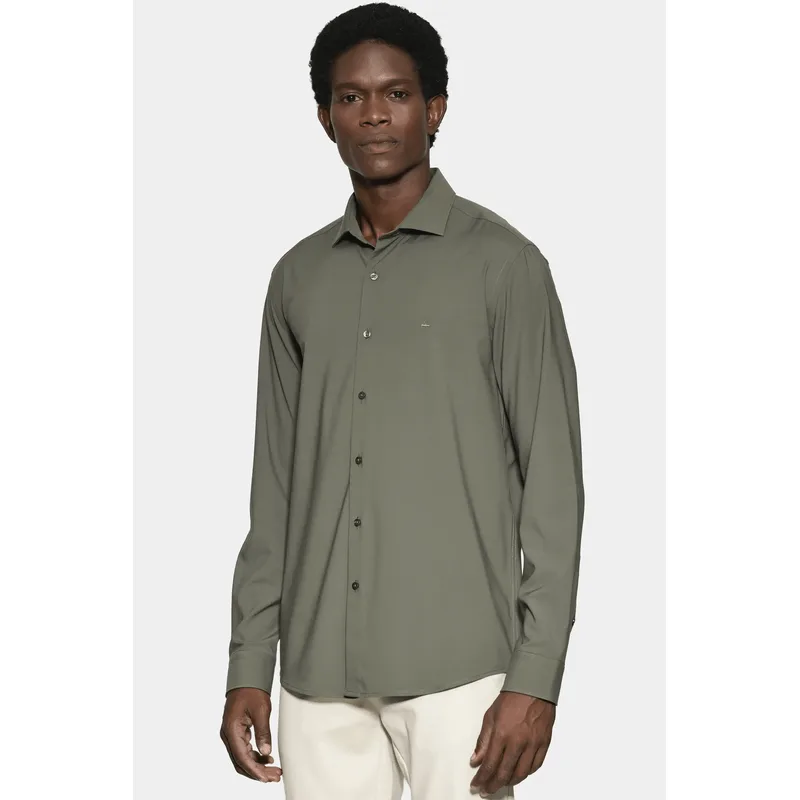 Camisa Manga Longa Slim Poliviscose de Bambu Stretch Verde Militar - GG
