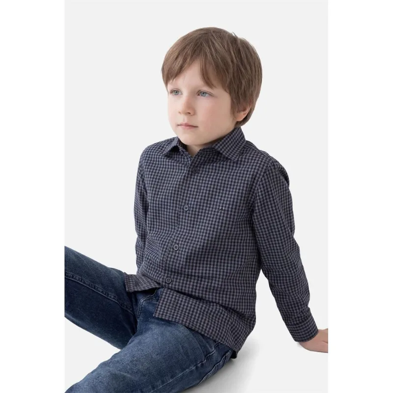 Camisa Manga Longa Infantil Algodão Damero Azul Medio Com Preto - PP