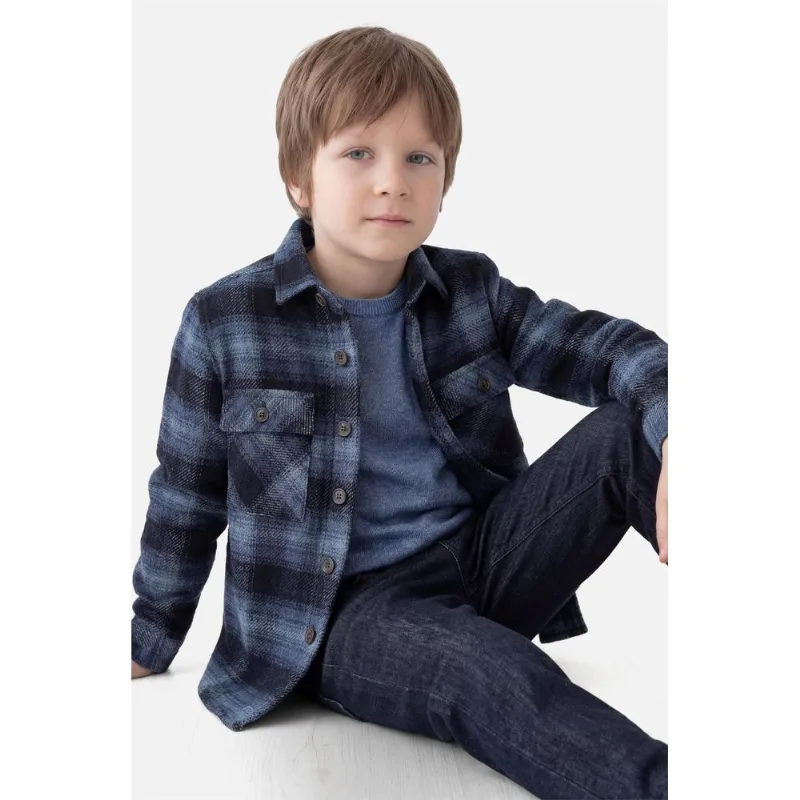 Camisa Manga Longa Infantil Overwinter Cotton Xadrez Azul Com Preto - PP