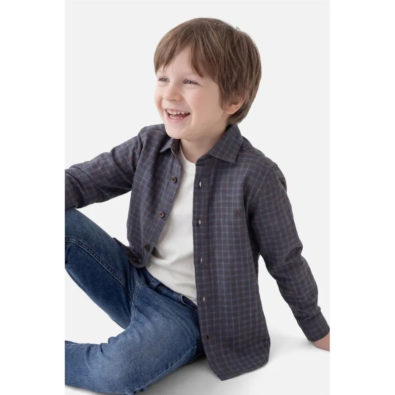 Camisa Manga Longa Infantil Regular Mini Xadrez Marinho Com Cafe - 8