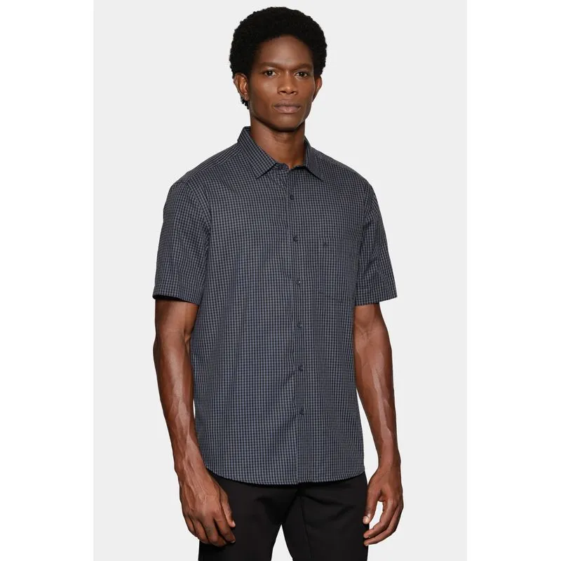 Camisa Manga Curta Regular Micro Xadrez Damero Azul Medio Com Preto - XXG