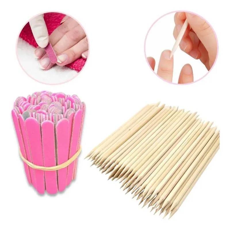 2x Kit 100 Lixas De Unha Mini + 100 Palitos Manicure Pedicur