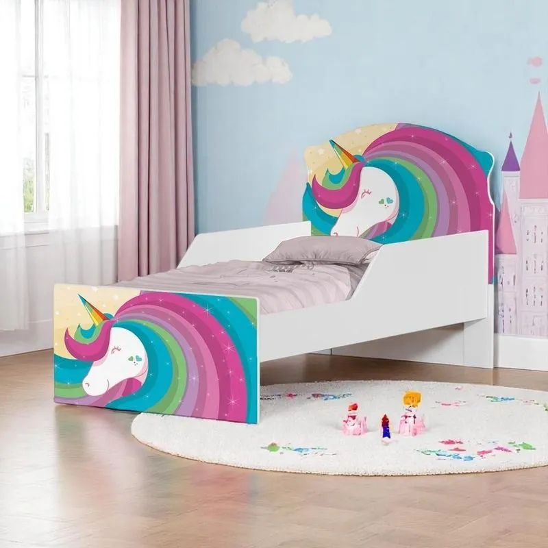 Bicama Infantil Uly Unicórnio Arco Íris MDF Branco Com Cama Auxiliar Casah