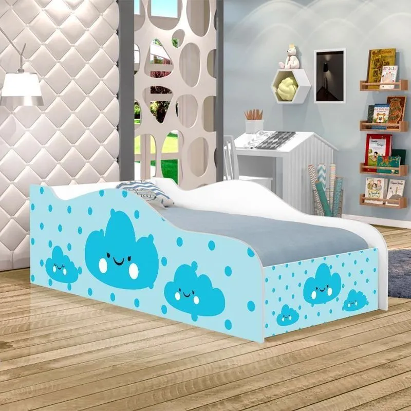 Cama Carro Fun Adesivada Nuvens Meninos Solteiro