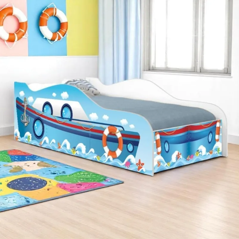 Cama Infantil Carro Adesivada Navio Kids com Grade MDF Azul Casah