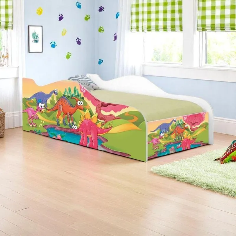 Cama Solteiro Infantil Dinossauros Coloridos Madeira Branco Mobili