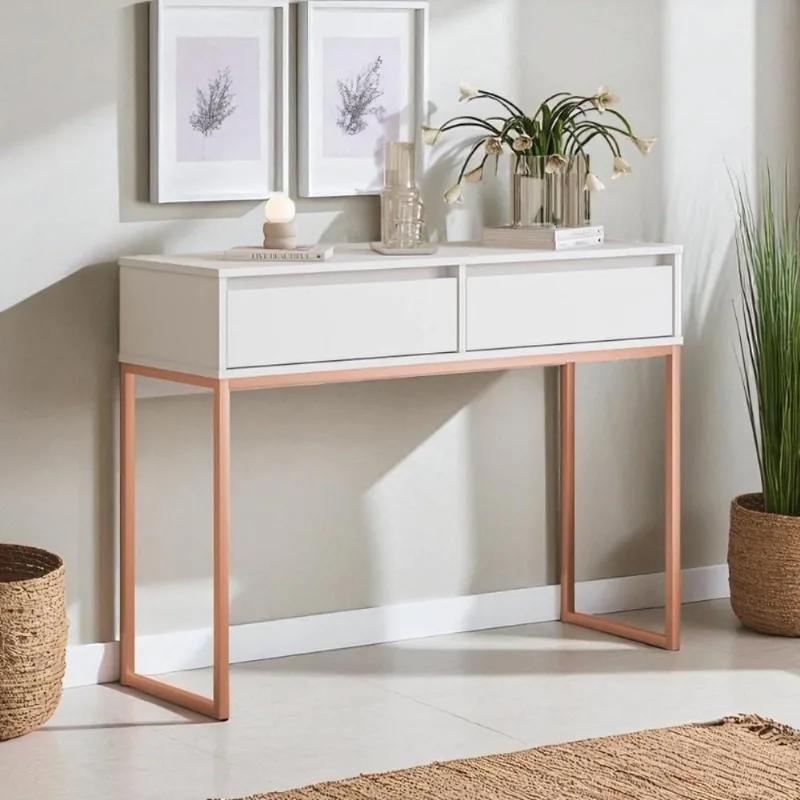 Aparador Buffet Industrial Retrô 2 Gavetas 90CM Branco Cobre Mais de Casa