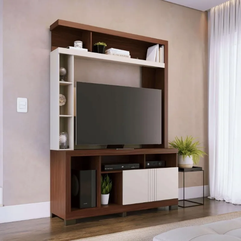 Estante Home para TV Idris 136cm MDP MDF com Porta e Nicho Nogueira Real Off White Matte Casah