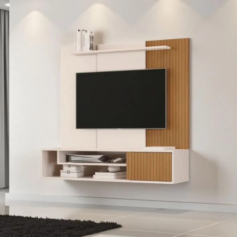 Home Theater Suspenso Com Detalhe Ripado 120cm Mdp Off White De Casa