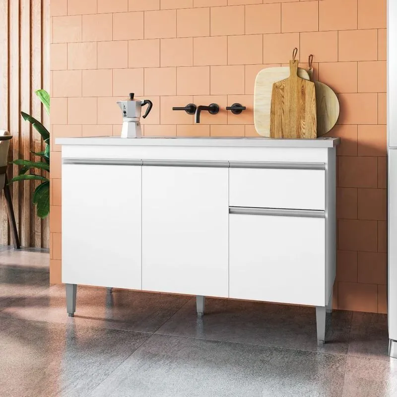 Balcão De Cozinha Tatiane 2 Portas Mdp 118cm Branco Ajl Móveis