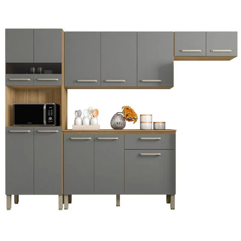 Armário De Cozinha Prudente 12 Portas 1 Gaveta MDP 250,7cm Freijó Gris Casa H