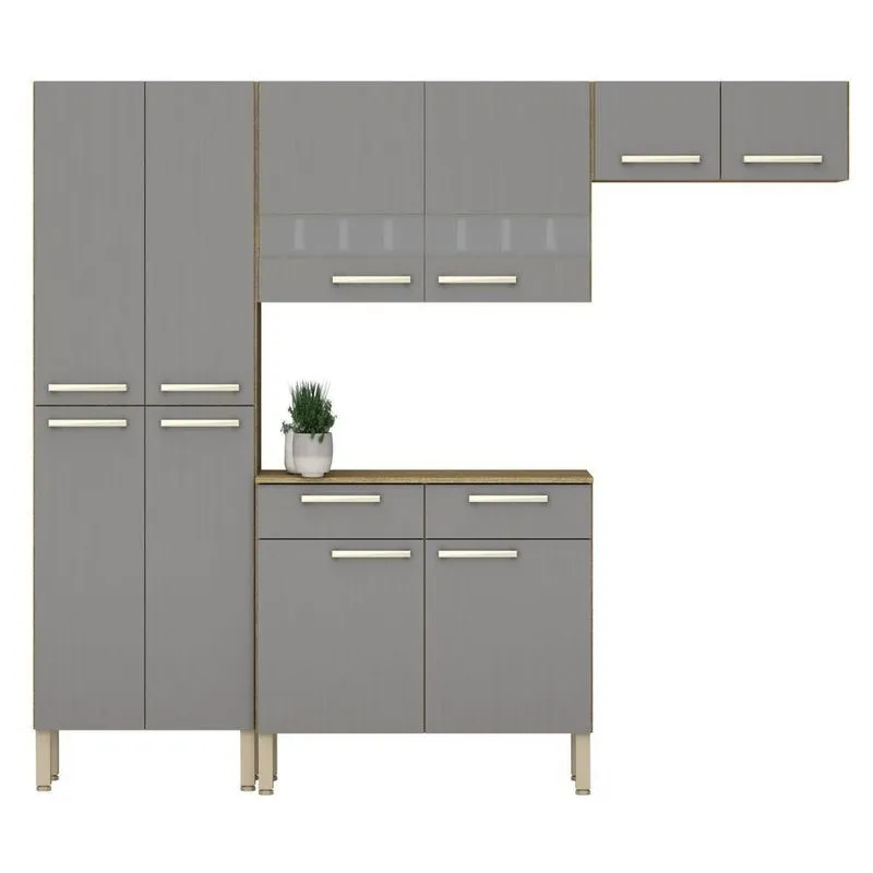 Kit Armário De Cozinha Apucarana 10 Portas 2 Gavetas Mdp 221,6cm Freijó Gris