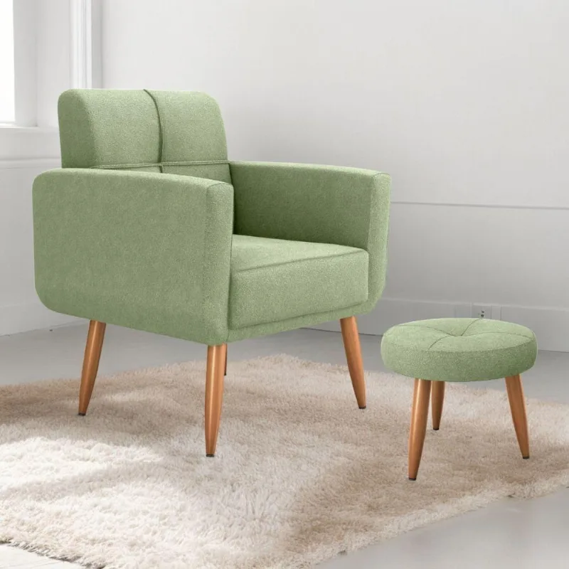 Jogo Poltrona e Puff Seo Tuca Sala Boucle Assento Espuma D23 Verde Matrix