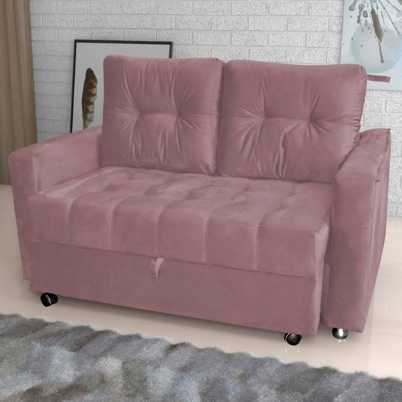 Sofá Cama Renoir 2 Lugares Reclinável 140CM Rosa Veludo Matrix