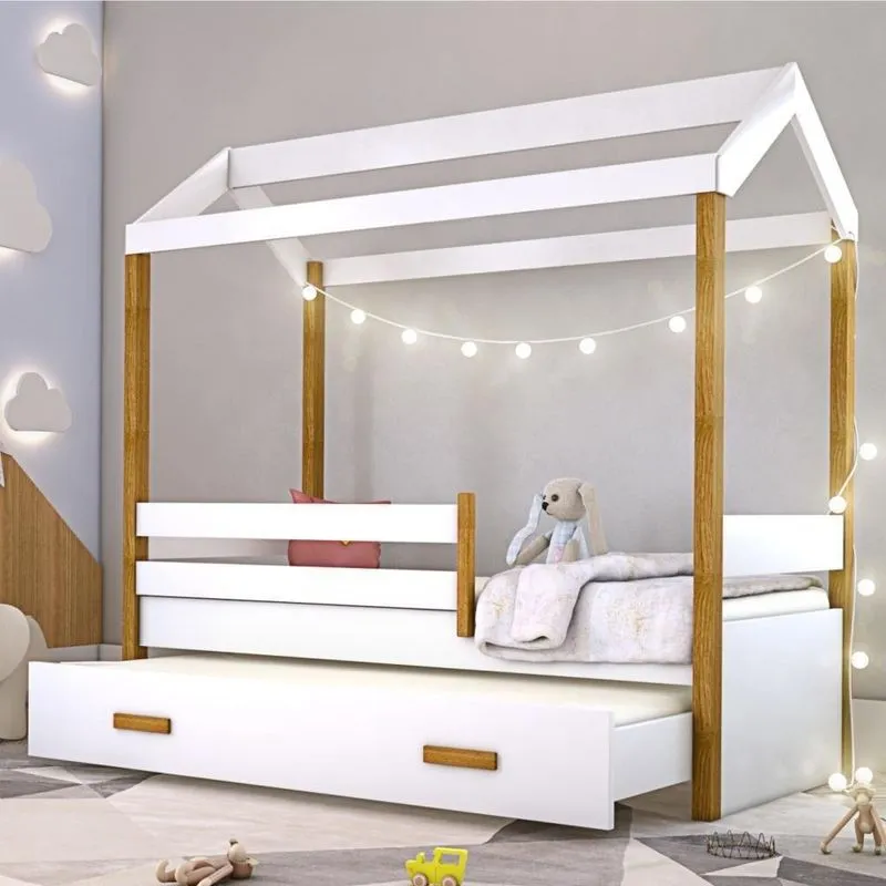 Bicama Montessoriana Solteiro Montessori Exclusiv Com Grade Cama Auxiliar Led Mdf Branco Divaloto