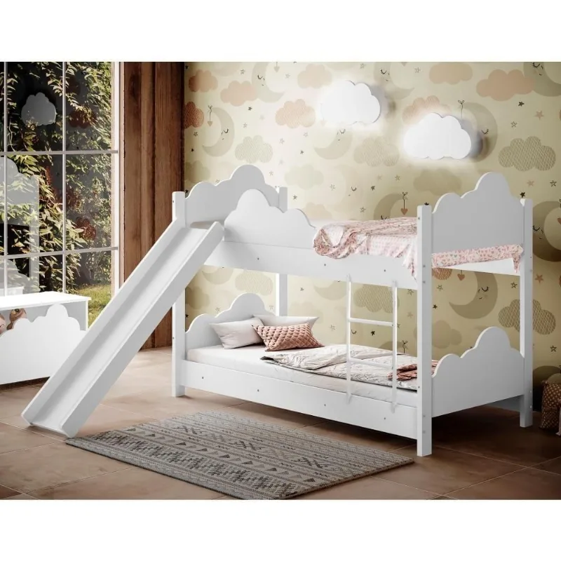 Cama Infantil Ayla Sonhos de Luz com Escorregador Colchões 2 Luminárias MDF Branco Divaloto Móveis