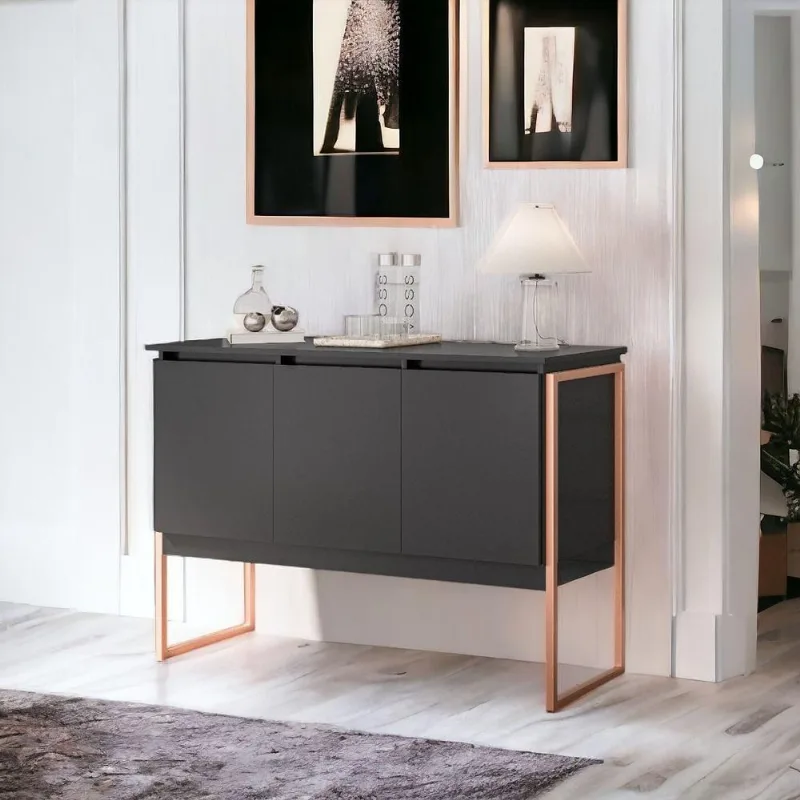 Buffet Valley Industrial 3 Portas MDP Preto Cobre Plata Móveis