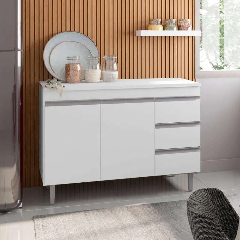 Balcão de Cozinha Calena 2 Portas 3 Gavetas 97CM Branco AJL Móveis