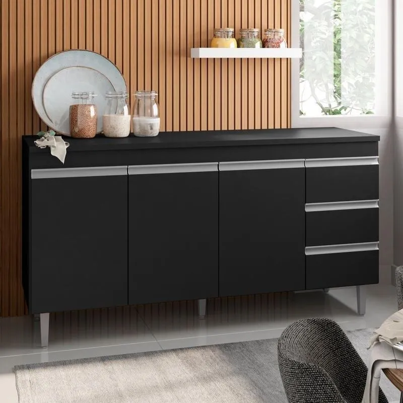 Bancada De Cozinha Calora 3 Portas 1 Prateleira MDP 145cm Preto AJL Móveis