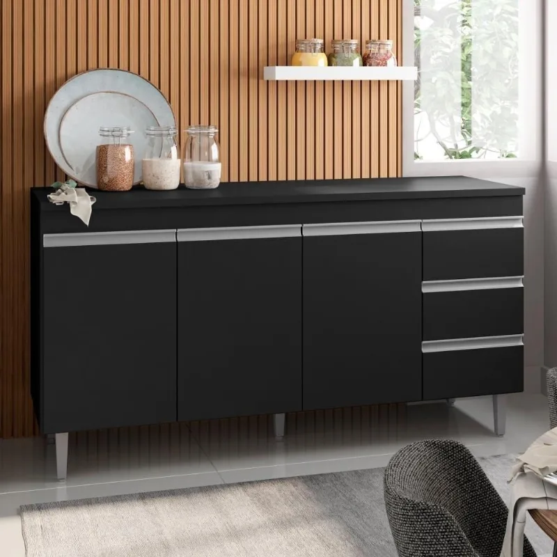 Balcão Bancada Tamires 1,6 sem Tampo 3 Portas 1 Prateleira MDP 155CM Preto