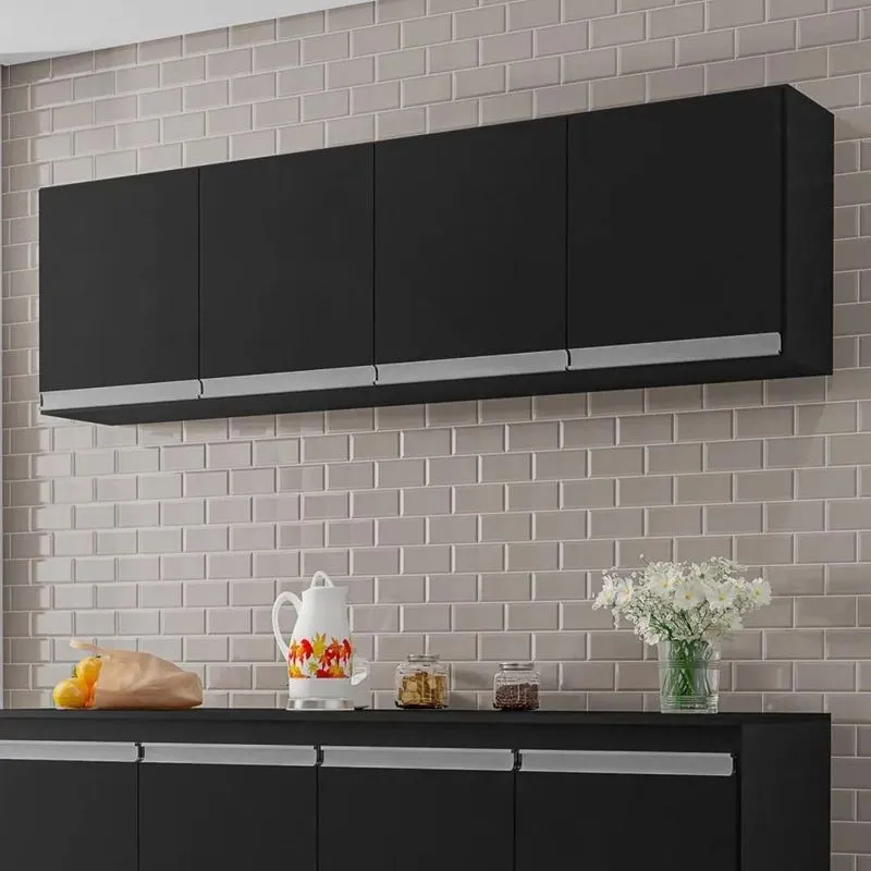 Armário Aéreo De Cozinha Calano 150cm 4 Portas Mdp Mdf Preto Fosco Ajl Móveis