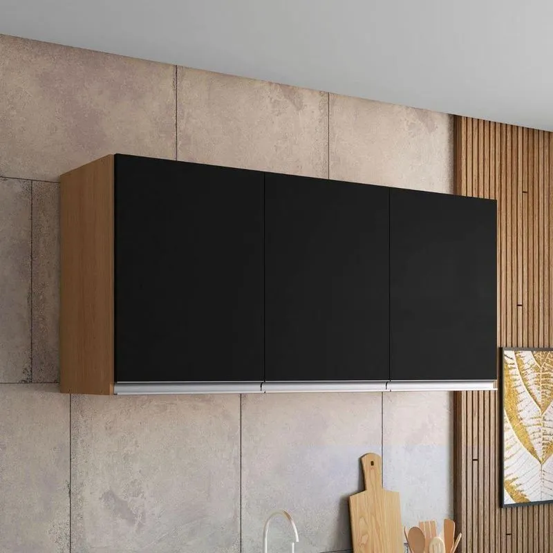 Armário Aéreo De Cozinha Calion 150cm 4 Portas MDP Bater Amêndoa Preto AJL Móveis