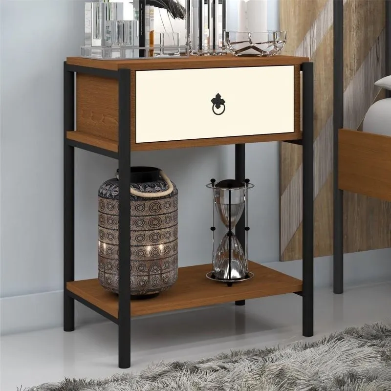 Mesa De Cabeceira Industrial Magali 1 Gaveta MDP Canela Off White Art Panta